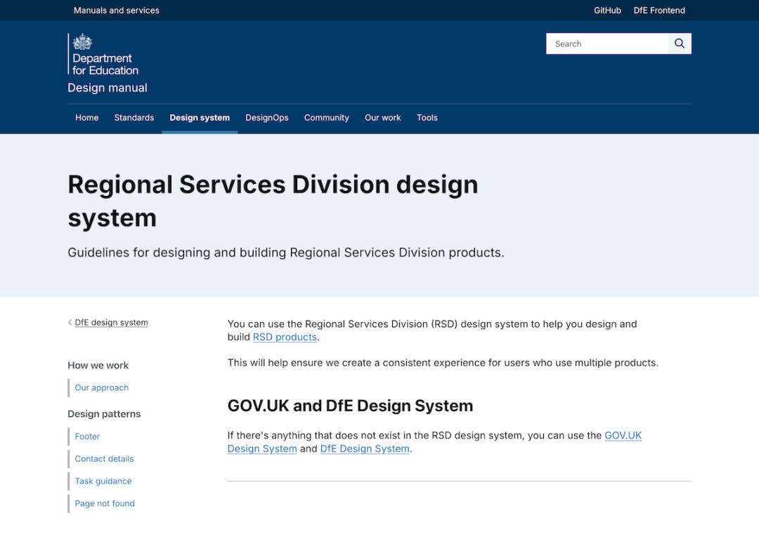 DfE RSD design system homepage