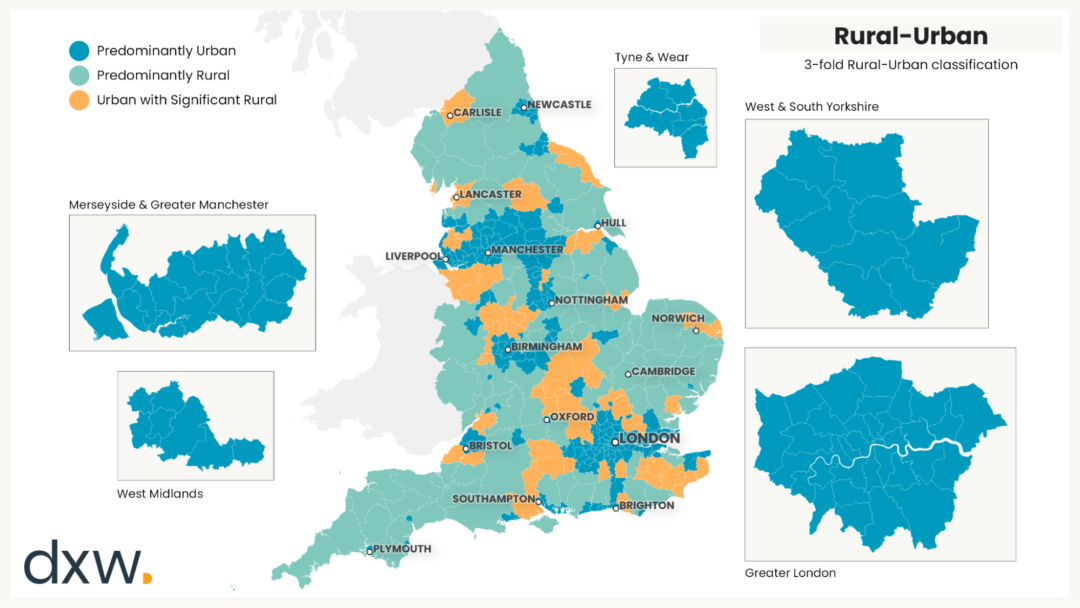 Image shows a map of rural, urban and mixed populations across England from the MHCLG planning reform project